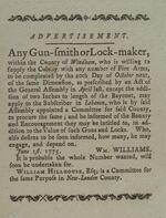 Advertisement. Any gun-smith or lock-maker, within the county of Windham, who is willing to supply the colony with any number of fire arms, to be compleated by the 20th day of October next ... June 1st. 1775