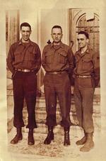 (L-R): Captain George Vila, Colonel Foster, Captain Chris Brous. Rest area in Belgium awaiting return to the front Durbuy, Belgium, Winter of 1944-45.