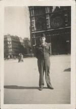 Robert Campbell during war on PX supply trip, Notre Dame Cathedral; Paris, France; May 7, 1945