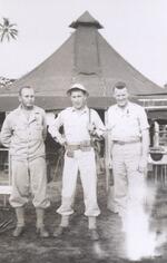 Left to right: Capt. Riesmann, 2nd Lt. Fred Kruchman, 2nd Lt. John J. Higgins 3rd Battalion 169th Infantry Regiment, New Georgia Island, Dec. 1943