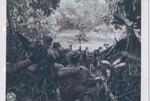Infantry officers look out at a stretch of water which their men have been ordered to cross in pursuit of the Japanese, who have fled across to a small island. The Japanese had evacuated the nights before, but caution was required in crossing the water; U