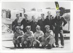 left to right  front: Roy F. Kuhlman (pilot); Eugene W. Brock (navigator); Allyn E. Roberts (pilot); and Richard M. Gustafson (bombardier) back: John A. Havancik (tail turret gunner);  Richard W. Reichard (radio operator); Robert O. Vallee (tail turret gu