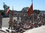 California, US, 10/2006 Welcome home speech. Flags displayed: Alpha, Bravo and Charlie Companies