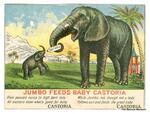 Advertisement: Trade card for Centaur Liniment and Castoria featuring Jumbo 